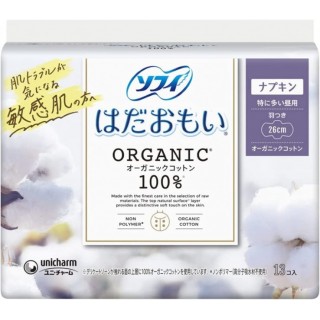 Женские гигиенические прокладки Unicharm SOFY Hadaomoi Organic cotton 26 см, 13 шт.