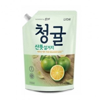 Средство для мытья посуды, фруктов, овощей CJ LION "Chamgreen - Зеленый цитрус" с экстрактом зеленого цитруса, сменная упаковка, 970 мл.
